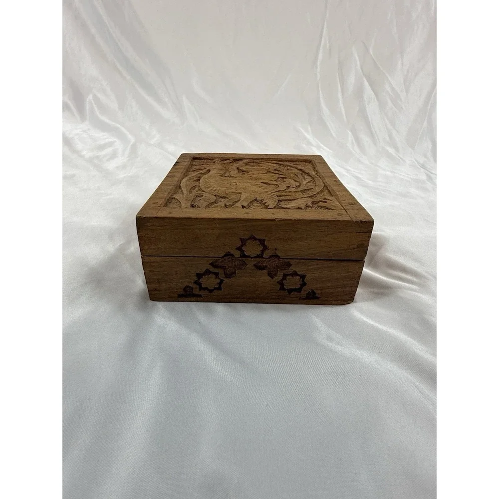Vintage Hand Carved Wood Peacock Trinket Box Jewelry Storage Hinged Lid India